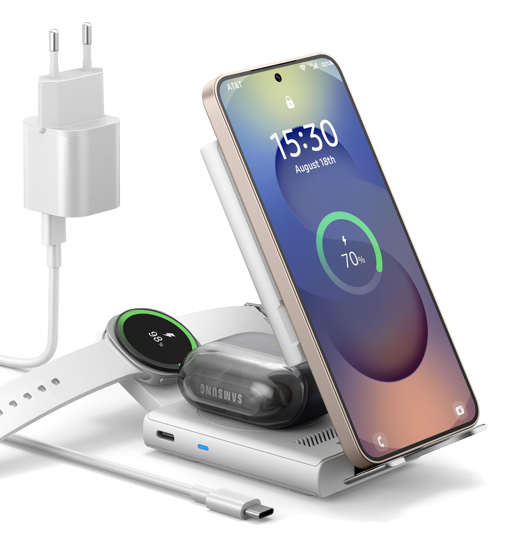 SURITCH Station de Charge Compatible avec Samsung, 15W 3 en 1 Station de Recharge sans Fil Dock de Recharge Pliable pour Galaxy S25 S24 S23 S22 S21 Z, Galaxy Watch 7/6/5/4/3, Galaxy Buds, Blanc