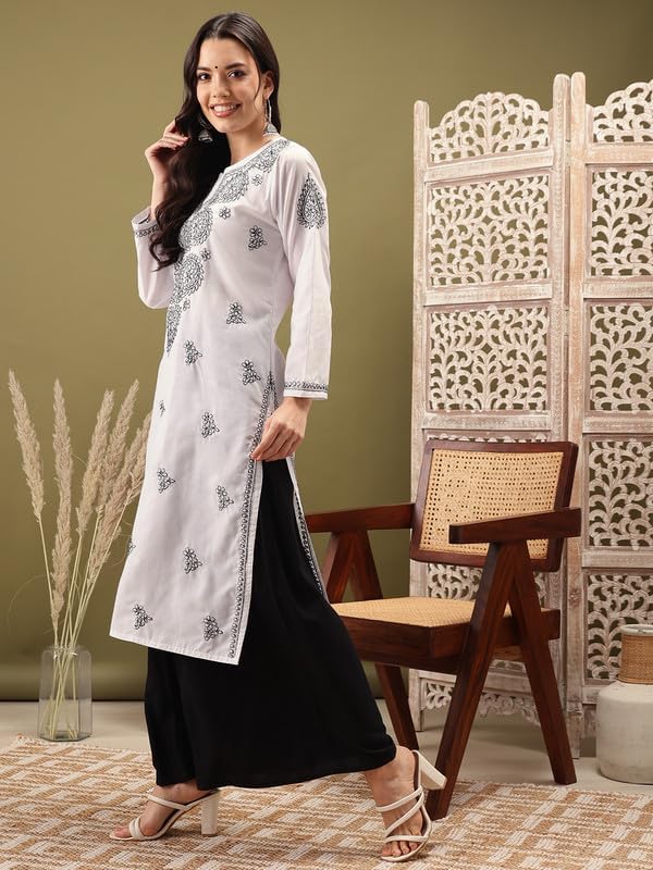 Ada Indian Hand Embroidered Chikankari Women's Straight Cotton Kurta Kurti Tunic A197536 - Image 3