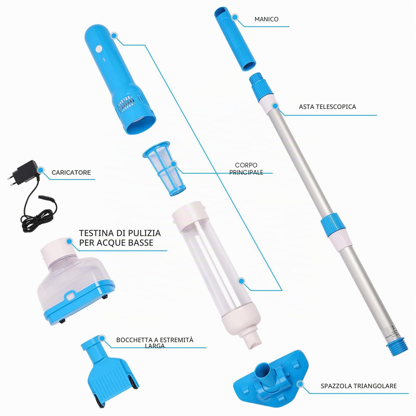 Aspirapolvere per piscina senza fili, pulitore manuale per piscina con autonomia di 70 minuti, ricarica rapida in 1 ora, impermeabile IPX8, ideale per spa, vasche idromassaggio, piscine fuori terra