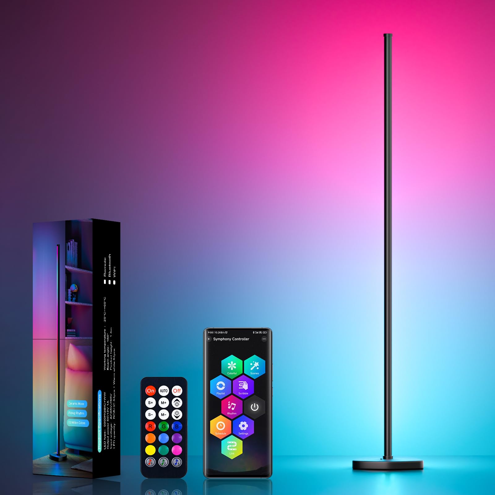 Lampadaire LED d'Angle, 143cm Lampe sur Pied RGB avec APP Contrôle et Télécommande, Musique Sync&16 Millions Couleurs, Lampadaire Salon pour Chambre, Salle de Jeux & Décoration de Fête