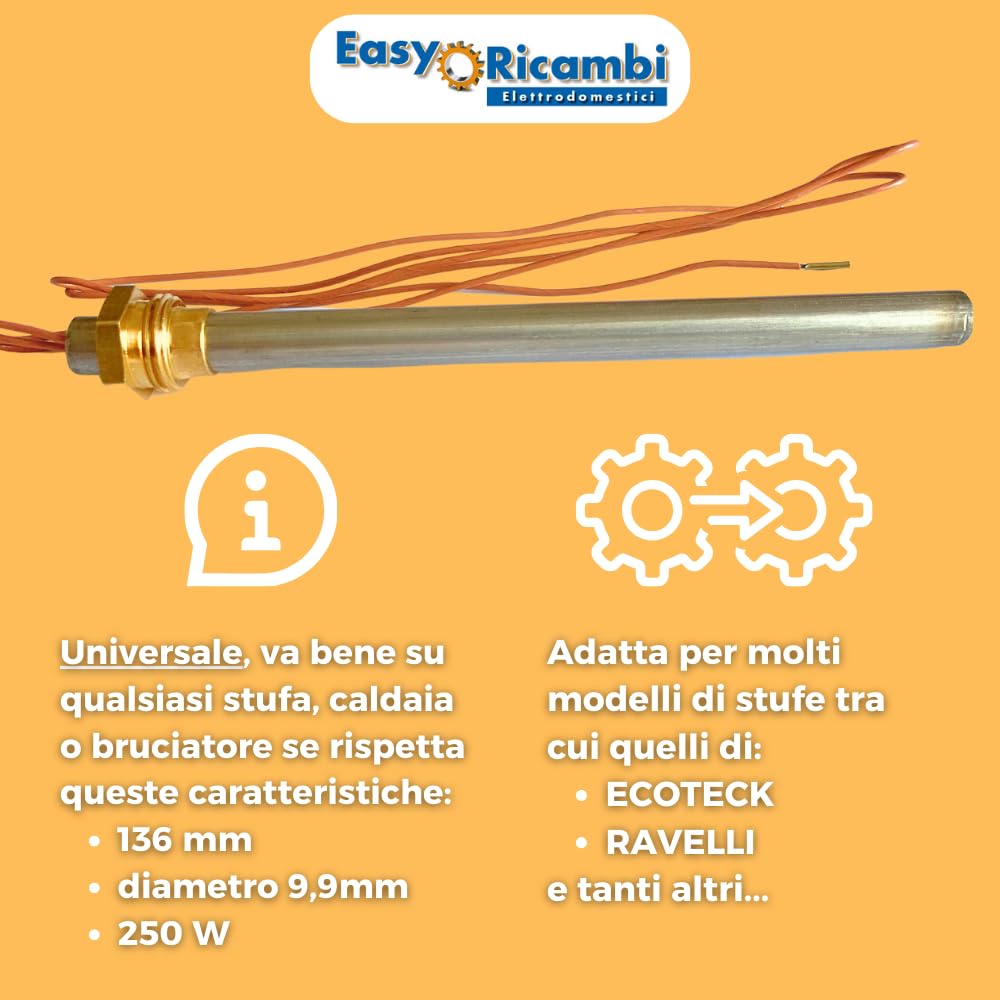 Easyricambi - Świeca zapłonowa do pieca na pellet 250 W, średnica 9,9 mm i długość 136 mm (długość całkowita 146 mm), gwint gazowy 3/8", opór do szybkiego nagrzewania, zamiennik do modeli Ecoteck