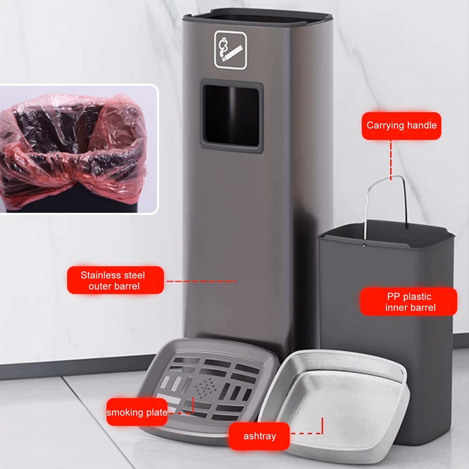 Cenicero de pie con cubo de basura, colector de cigarrillos al aire libre para centros comerciales y edificios de oficinas