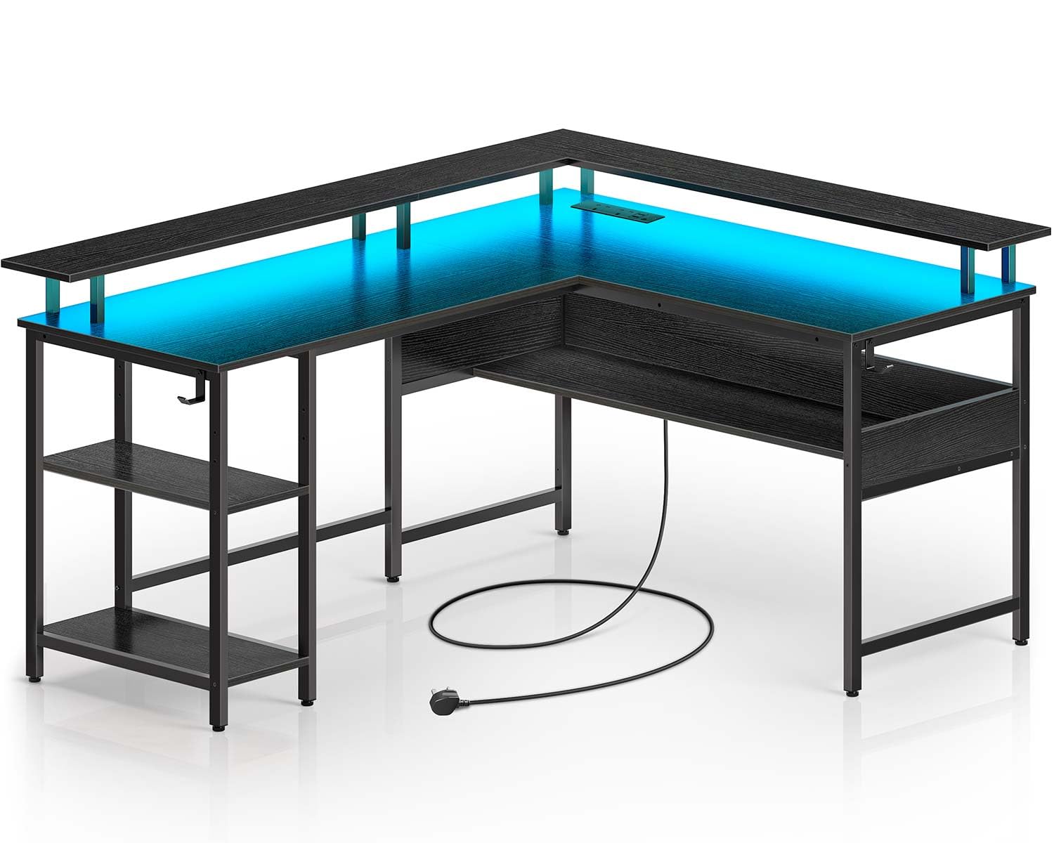 Rolanstar L-Shaped Corner Desk, Gaming Desk with LED Lights & Power Outlets, Computer Desk/Office Table with Storage Shelves and Hook, Monitor Stand for Home Study, Work & Play, 137×108 cm, Black