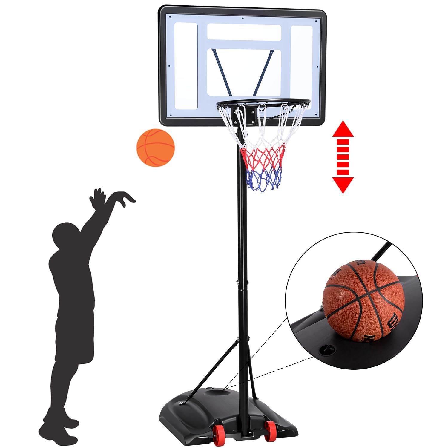 Yaheetech Basketballkorb mit Rollen Basketballständer Basketballanlage Standfuß mit Wasser oder Sand Höheverstellbar 219 bis 279 cm, Schwarz, Nylon