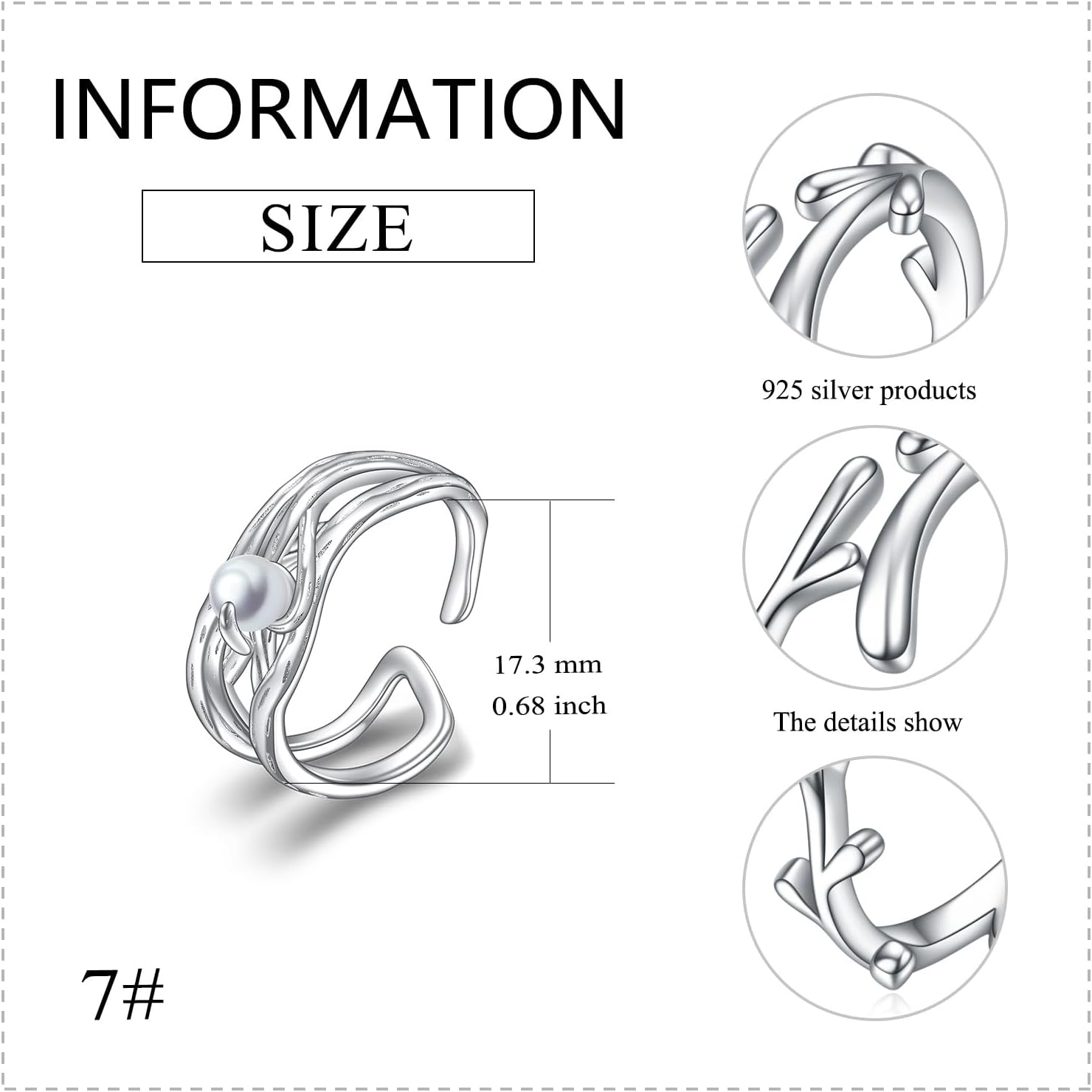 KZX Pearl Ring for Women 925 Sterling Silver Open Ring Minimalist Silver Ring Dainty Peal Ring Adjustable Pearl Jewelry for Birthday Anniversary - Image 5