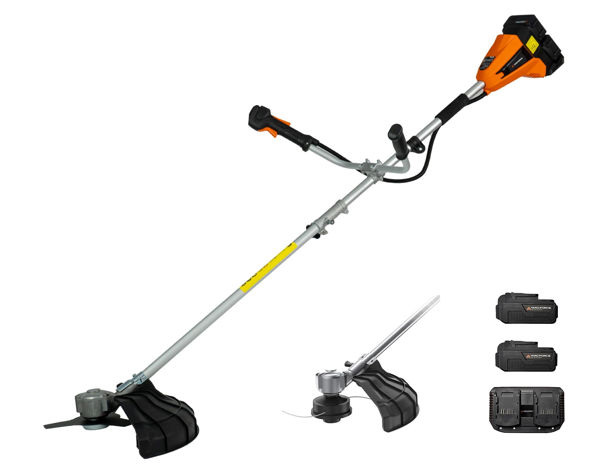 Yard Force 40V (2x20V) Cordless Brushless 2-in-1 Brush Cutter and Grass Trimmer with 3T Blade and Nylon Line Head.