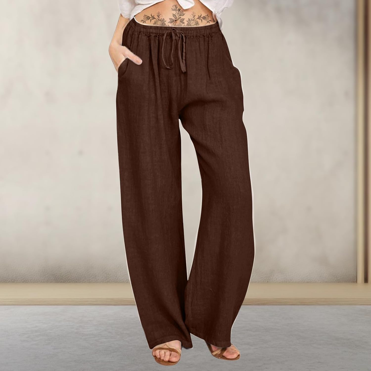 High Waisted Pants for Women Relaxed Wide Leg Plus Size Plain Comfortable Summer Long Trousers with Pockets - Image 2
