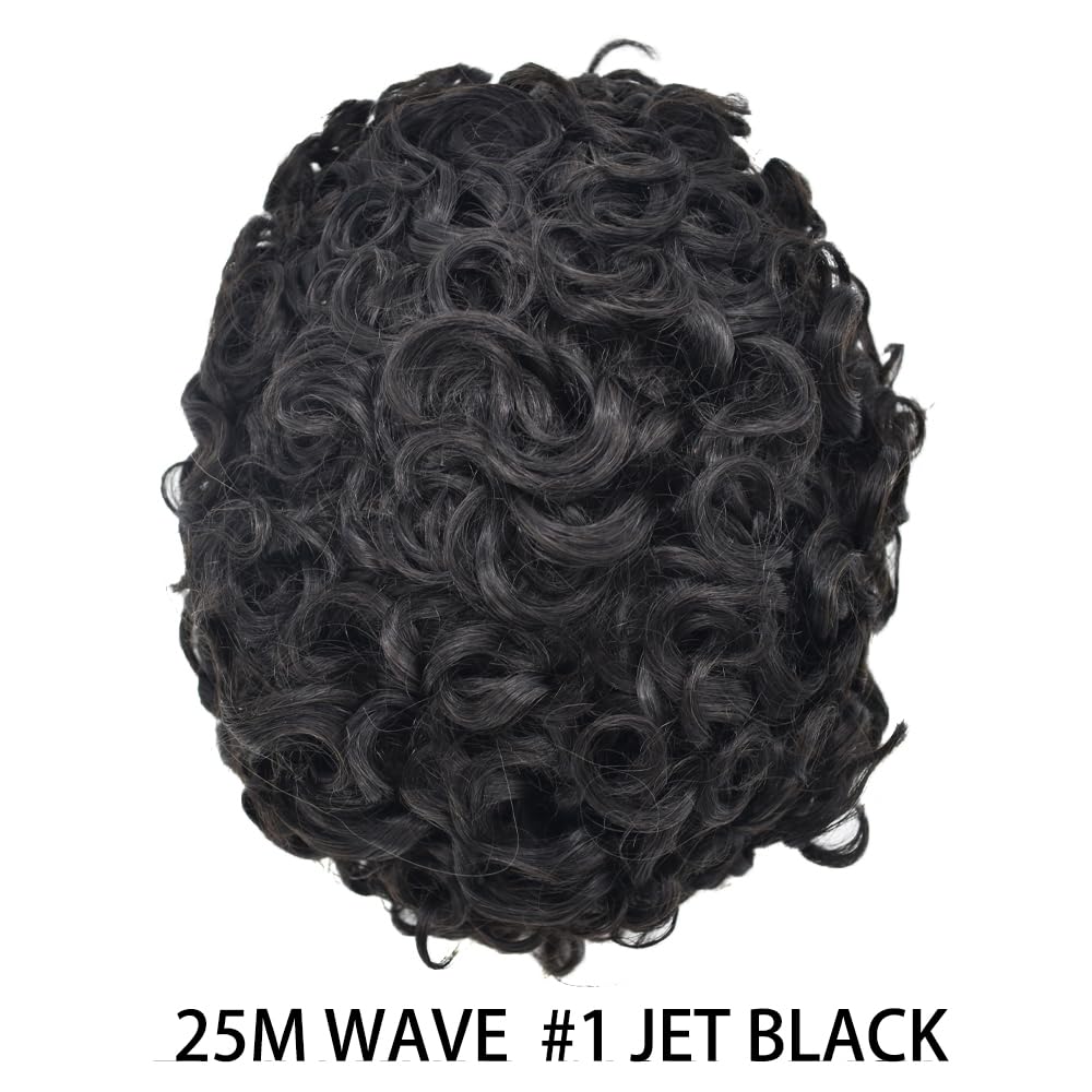 Generic Curly Toupee for Men 20mm 25mm Wave Men’s Hair Replacement Systems With Fine Mono with Poly Skin Around Base Curly Mens Hair System Curly Hair Units for Men8""x10""1# JET BLACK-25MM WAVE
