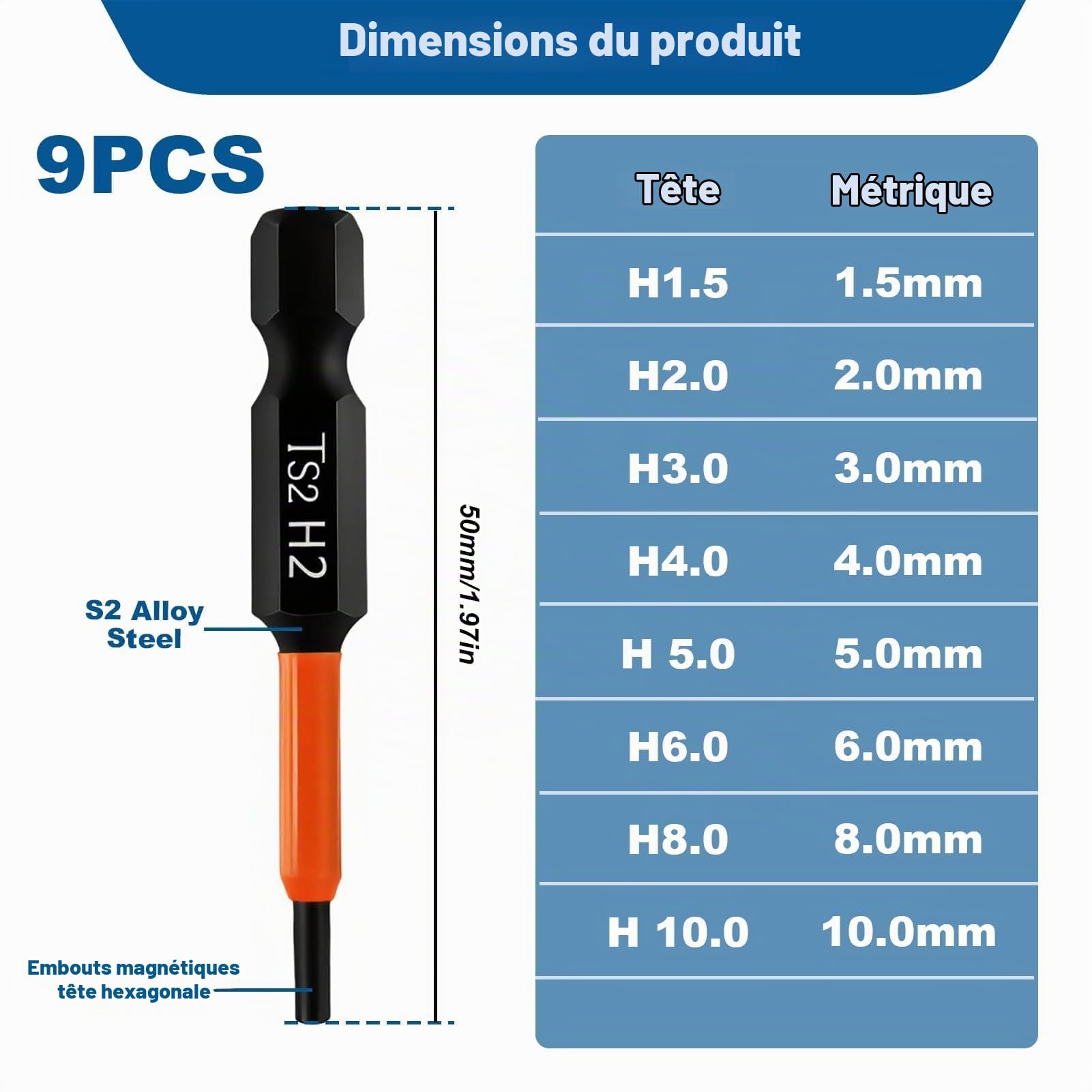 Embout Visseuse Hexagonale Longueur 50mm, Jeu de 9 Embout Allen Magnétiques H1.5-H10 1/4" en Acier S2 Hex Tige Tournevis Allen à Aimanté Choc pour Visseuse Électrique Perceuse Sans Fil et Tournevis