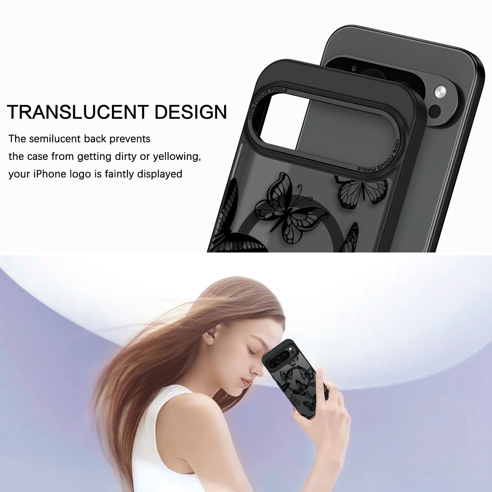 BENTOBEN IPhone 14 Pro Case, Cute Butterfly Pattern Magnetic Case Compatible With MagSafe Translucent Matte Thin Cover For Women Girls 6.1 Inch Black - View #13