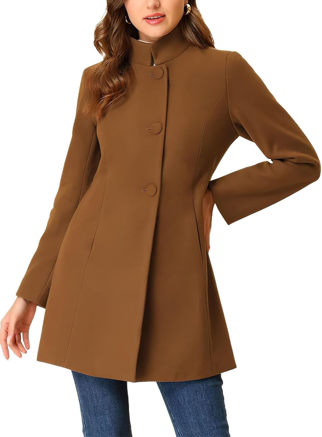 ebossy Women's Casual Stand Collar Single Breasted Wool Pea Coat Back Slit Slim Fit Mid-Long Blazer Coats with Pockets