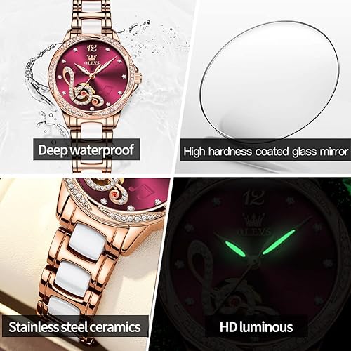 Miniatura 6 de OLEVS Reloj automático para mujer, elegante, oro rosa, diamante, esqueleto, acero inoxidable, correa de cerámica, pulsera de reloj, regalo