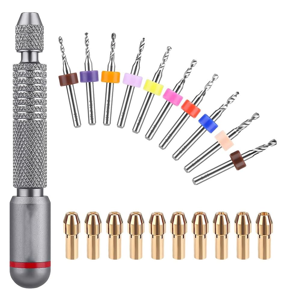 qimoi Hand Drill Bits Set - 10Pcs Metal Mini Pin Vise Hand Drill Bits&10Pcs Micro-Type Chuck Collet for Jewelry Making Carving