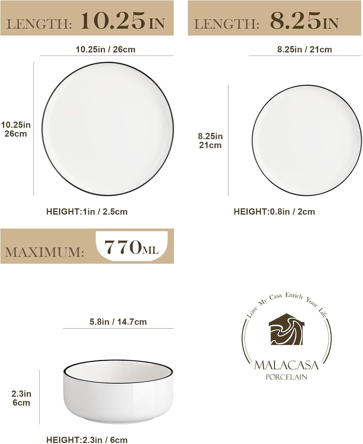 malacasa plates and bowls sets, 18 pieces modern porcelain dinnerware set for 6 white kitchen dinner ware set wtih black rim ceramic dishware dishes microwave and dishwasher safe, series luna 18 pcs (service for 6) ivory white-black rim