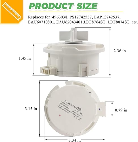 Miniatura 5 de Techecook - Motor de bomba de drenaje para lavavajillas EAU60710801 EAU62043401 (OEM) - Reemplazo para lavavajillas y secadora Ken-more y L-G -