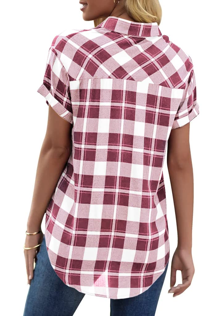 GeGekoko Chemisier à carreaux pour femme - Manches courtes - Décontracté - Col en V - Boutonné - Tunique d'été - T-shirt