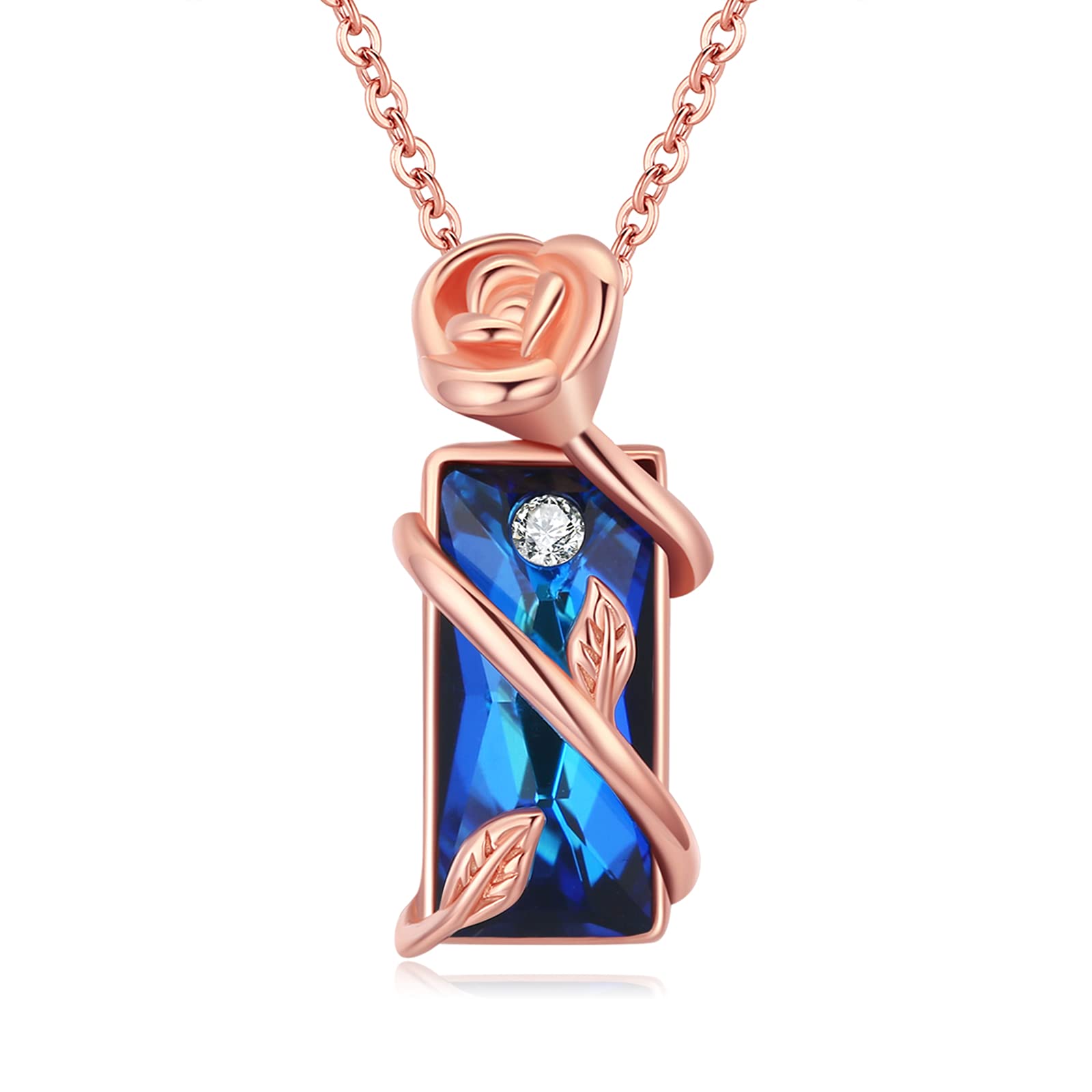 TANGPOET Regalo de cumpleaños para ella con colgante de flor de rosa para mujer con cristal azul y oro rosa chapado en rectángulo, joyas para su madre, esposa, novia