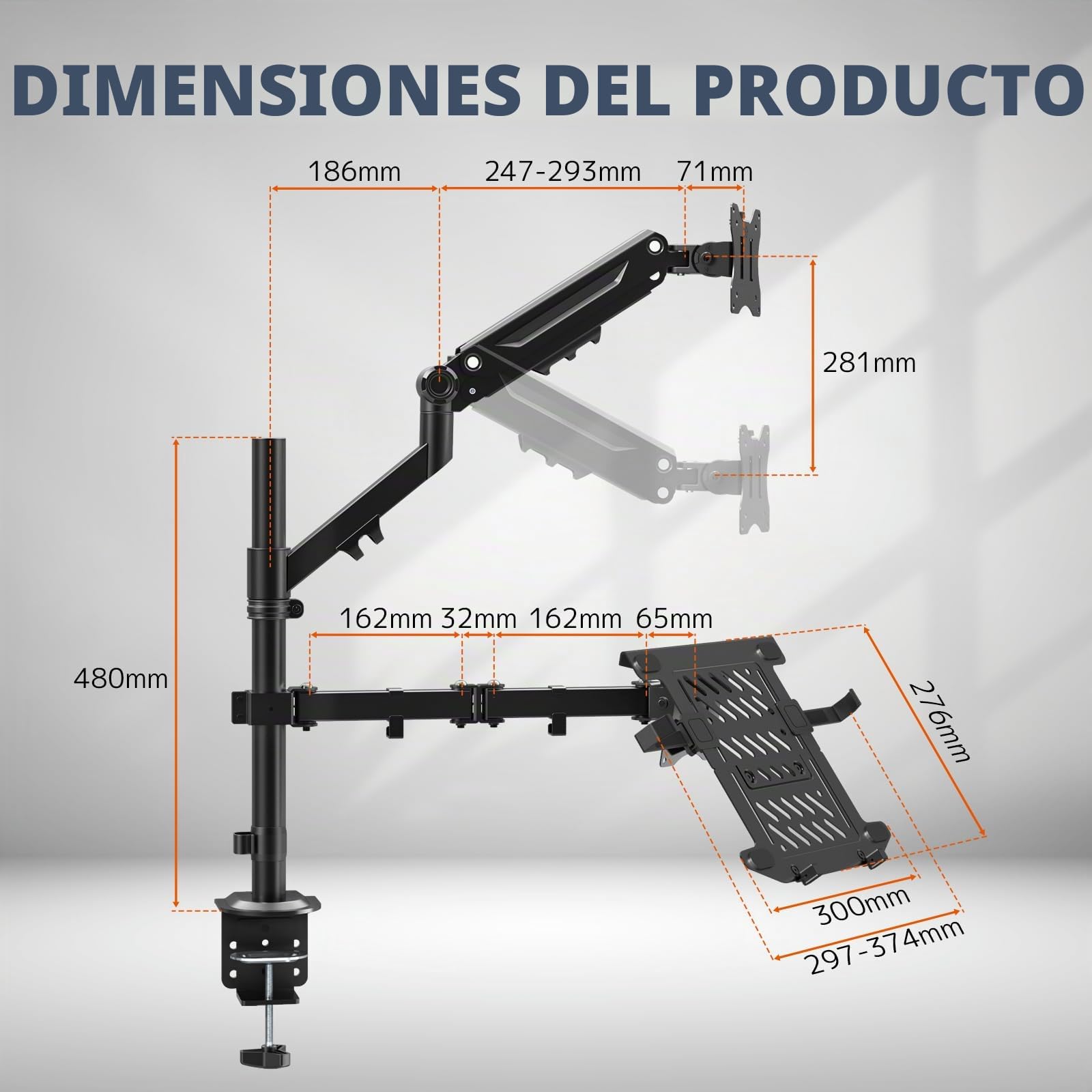 Soporte Monitor con Brazo de Gas para Pantallas 35" - Plataforma Integrada para Portátil 17" - Carga Máx 12KG Monitor/5KG Plataforma - VESA 75x100