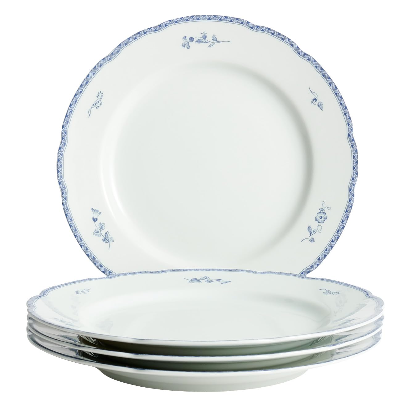 Blaues Landhaus Flacher Teller, 4er-Set, 26 cm, Porzellan, Klassischer Blumenrand, Spülmaschinenfest, Blau/Weiß