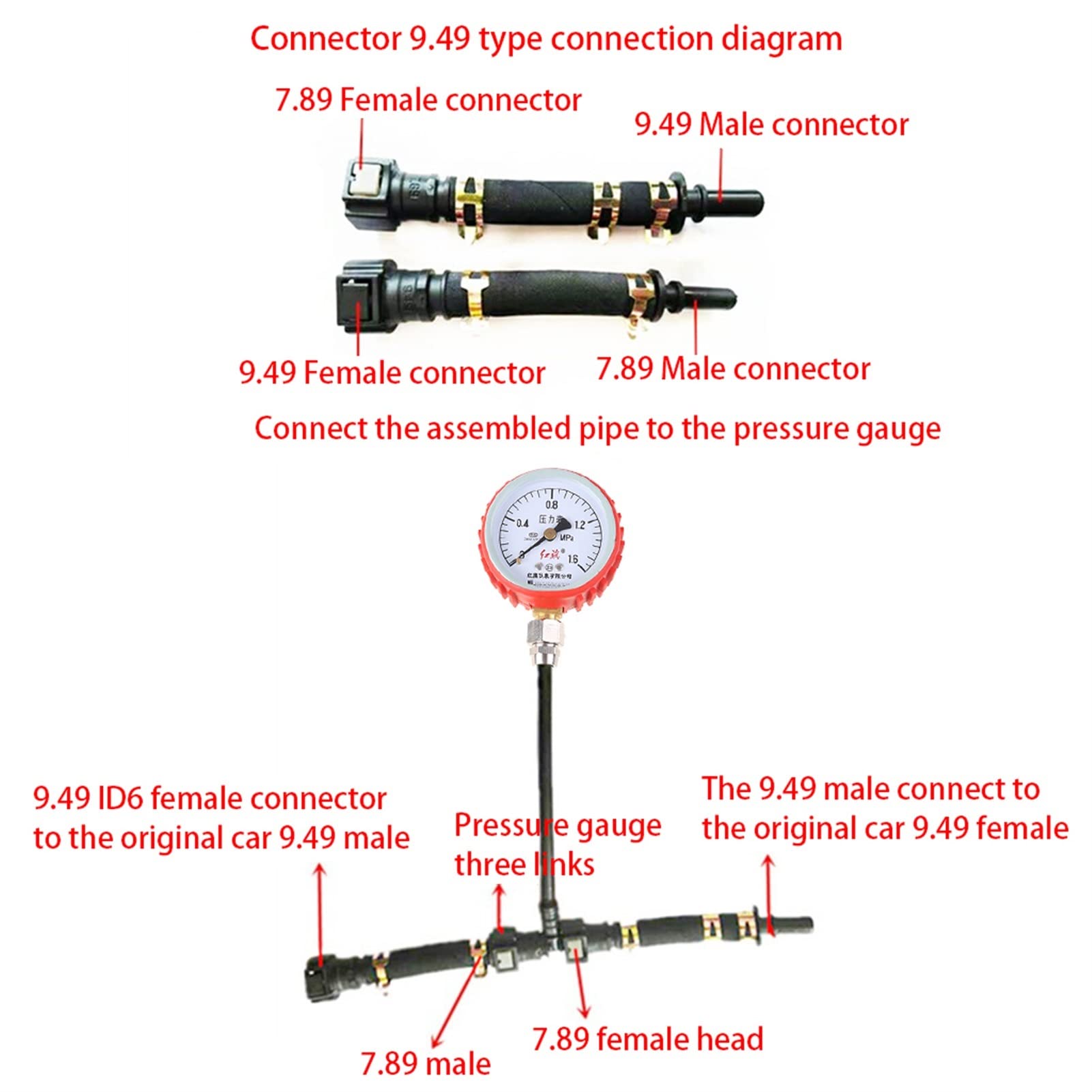 Medidor de presión de Combustible para Motocicleta y Coche de 0-1MPA, medidor de presión de Gasolina para Coche, Herramienta de Prueba con Conector de 7,89 y 9,49mm
