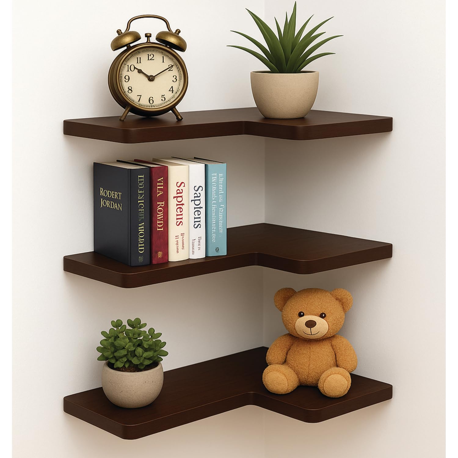 Rjv Decor "Premium L-Shaped Wooden Corner Shelf for Wall – Floating Decorative Storage Rake for Home, Kitchen, Bedroom, Living Room & Office – Set of 3 (Dark Brown)-picture-40