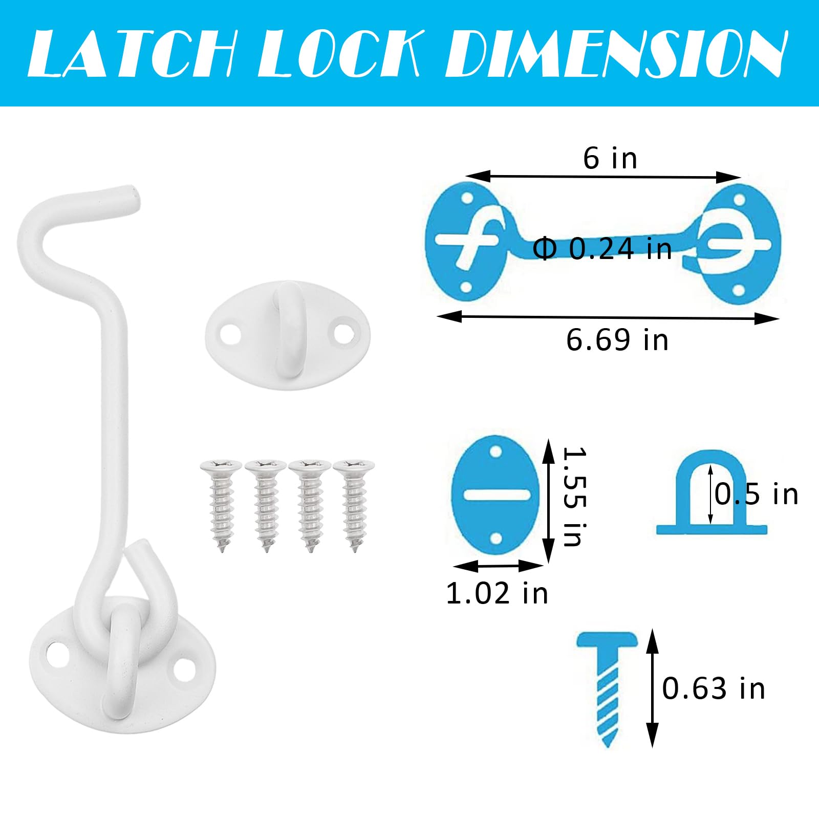 2pcs White Cabin Hooks 6 Inch, Stainless Steel Gate Hook Lock - Image 2