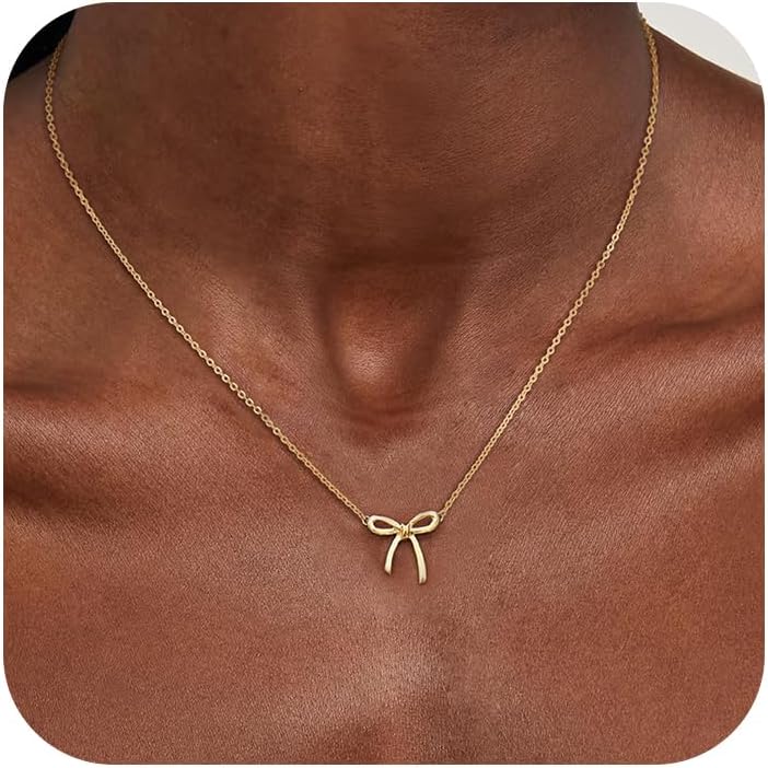 Risamil 14K Gold Plated Necklace for Women – Bow Necklace – Dainty Necklace Cute Small Tiny Bow Pendant Choker Chain Necklace Trendy Necklaces for Women Jewelry Gift