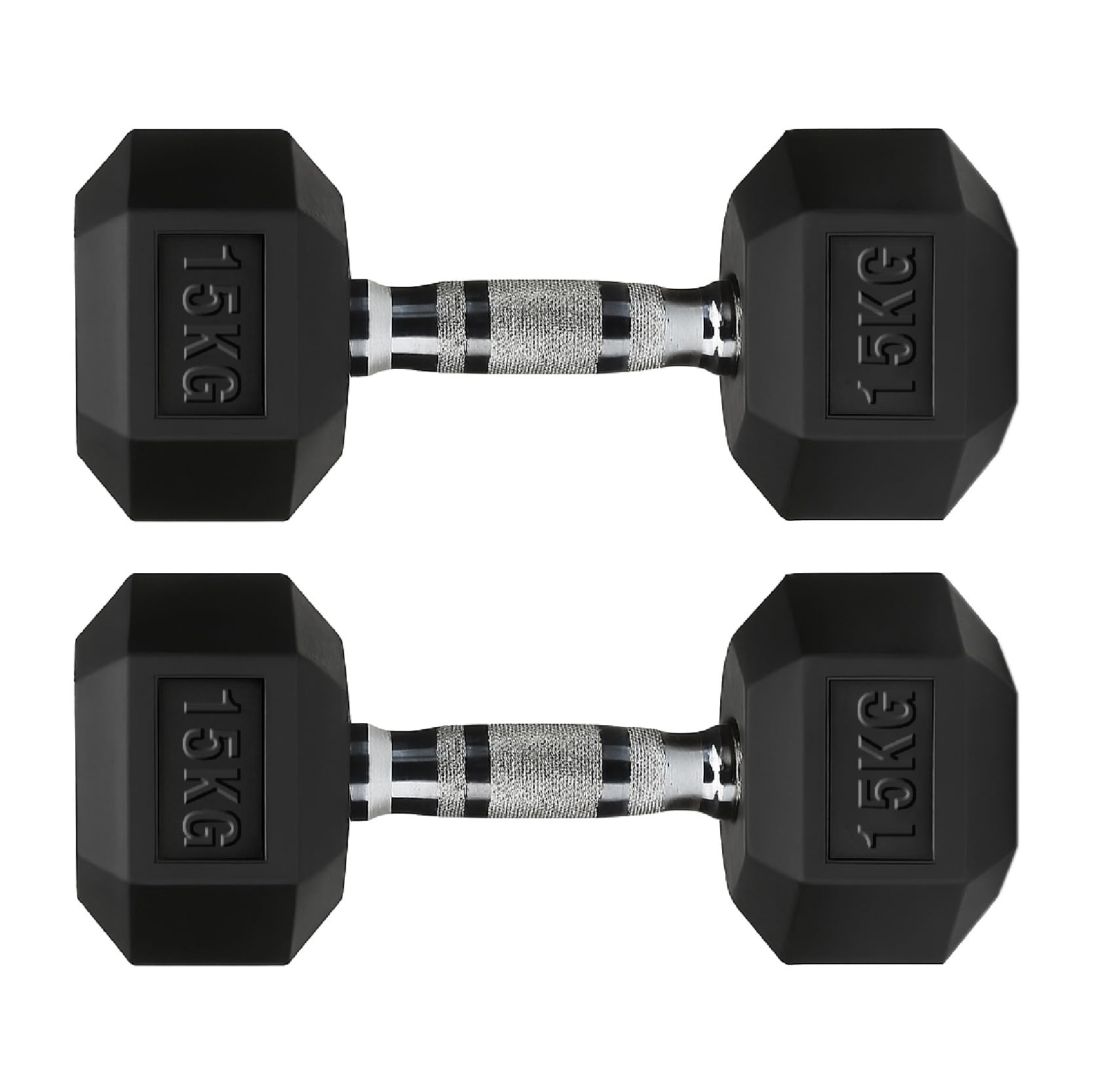 Hex Dumbbells Rubber Coated Cast Iron, Knurled Metal Handles, Anti-Roll Hex Design for Home Gym Strength Training and Weight Lifting, 1kg to 30kg Pairs and Sets (15kg-Pair)