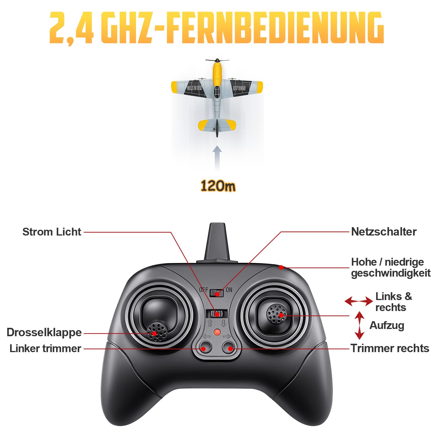 HAWK'S WORK 3-Kanal-RC-Flugzeug BF-109, Ferngesteuertes Flugzeug, flugbereit, 2.4GHz 6-Achsen Gyro Stabilisator, Einfach zu fliegen für Kinder und Anfänger