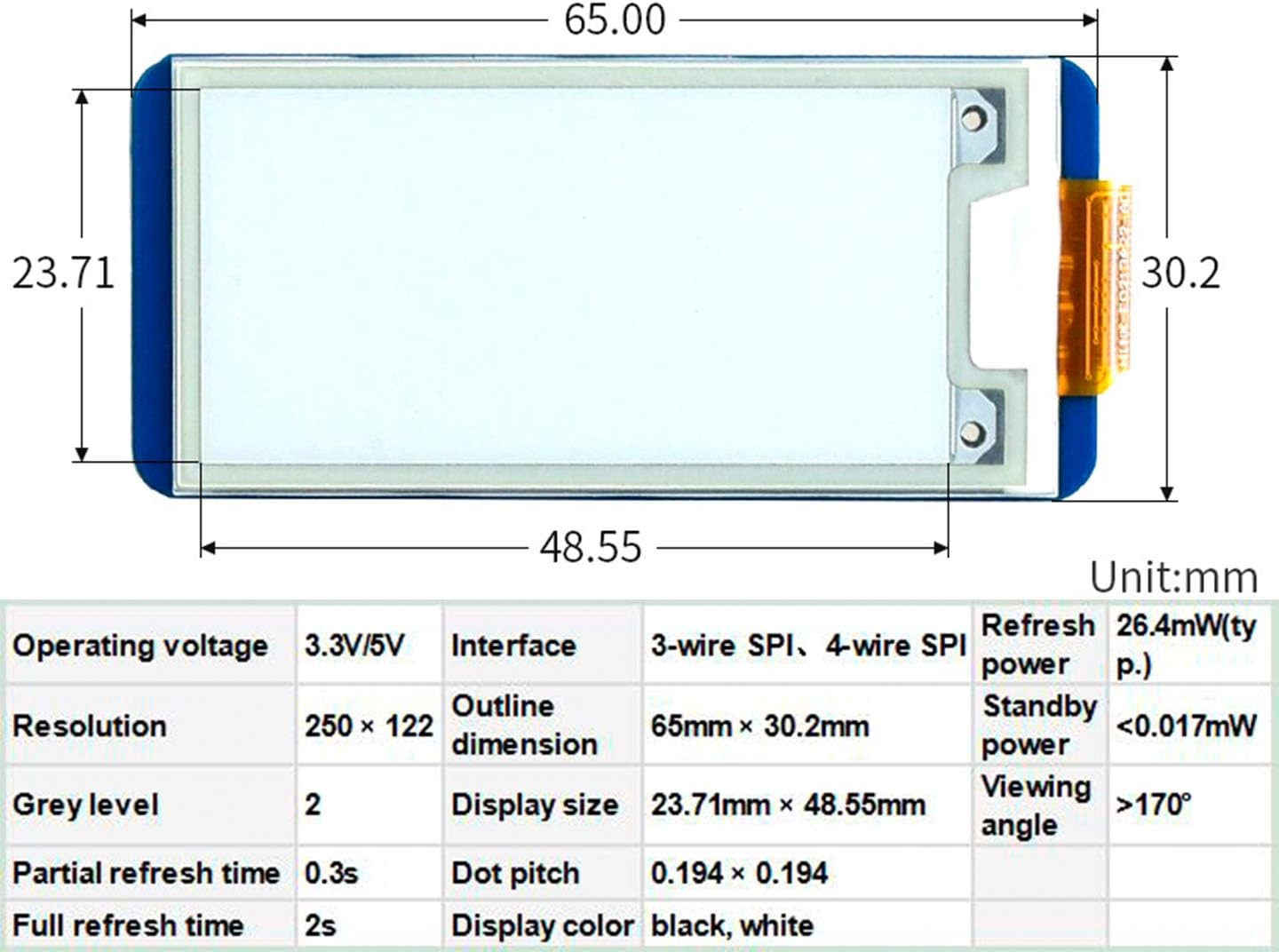 2.13inch E-Ink Display HAT V3 Version, Black,White Two-Color 250x122 Pixel E-Paper Screen LCD for Raspberry Pi 4B/3B+/3B/2B/Zero W/Zero WH/Zero 2W /Jetson Nano SPI Interface Support Partial Refresh