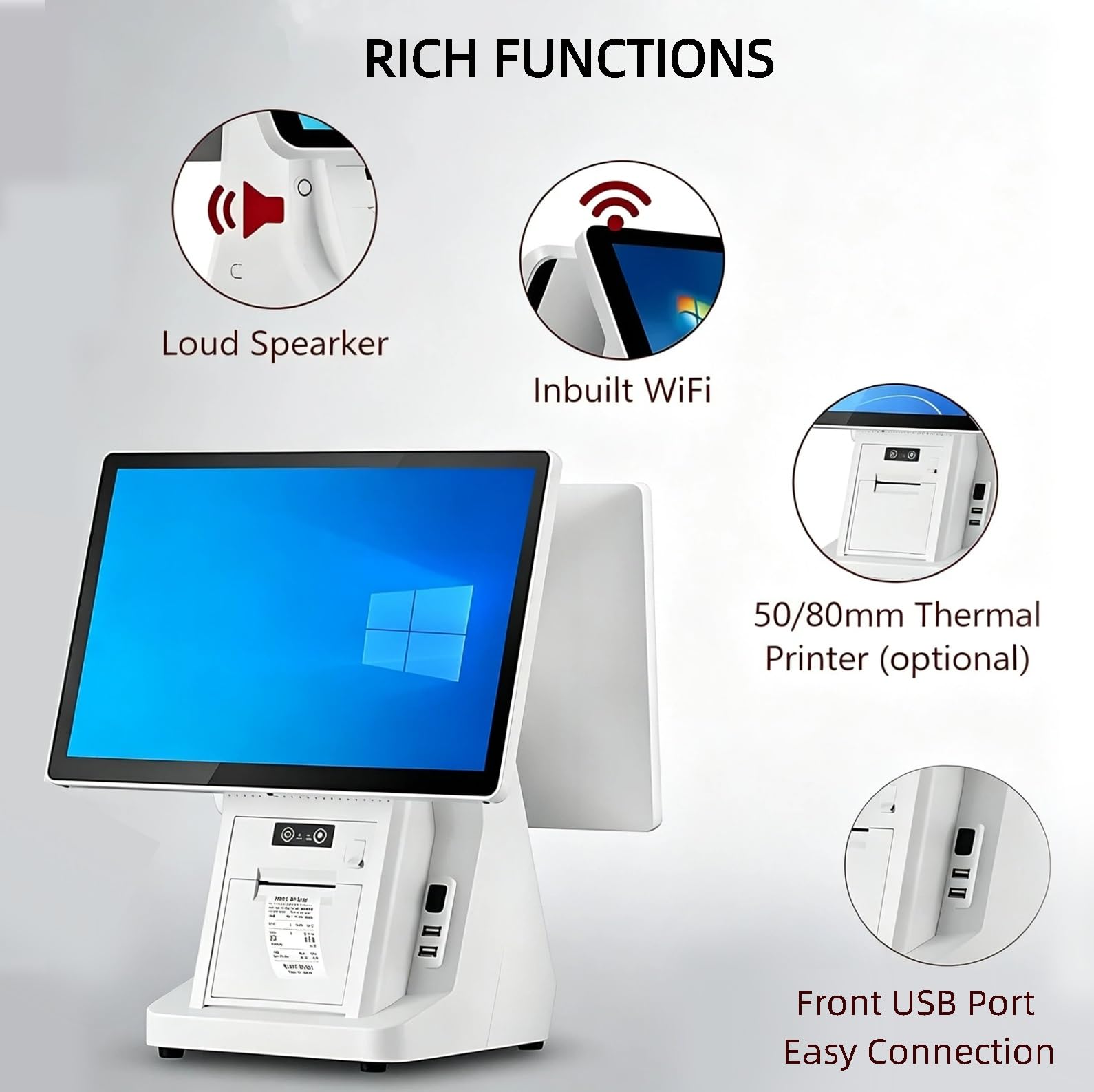 Terminale di pagamento del negozio al dettaglio, macchina POS touch screen con schermo da 15,6 pollici, stampante termica da 58 mm, 8 GB di RAM, SSD da 128 GB per piccole imprese