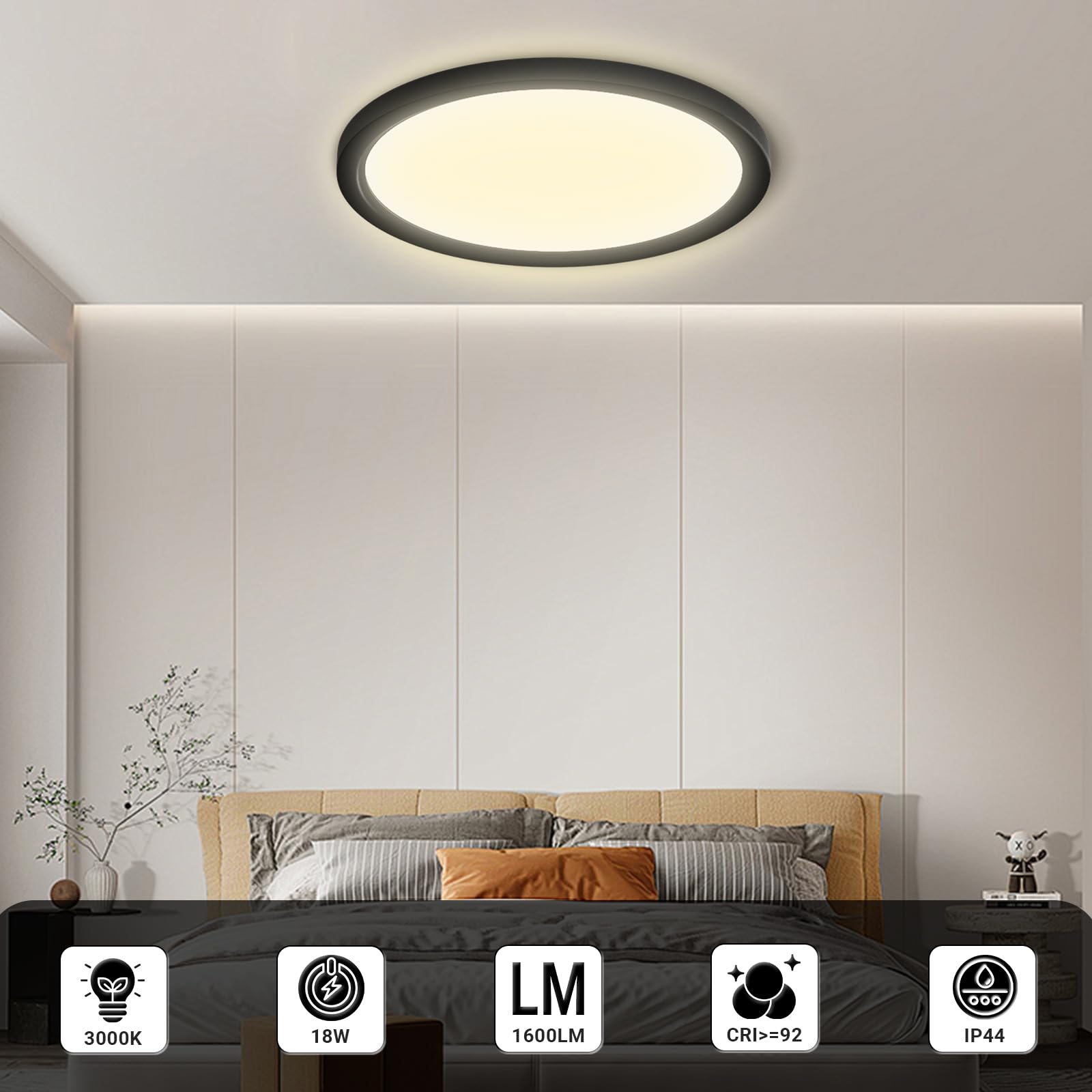 LQWELL® Plafoniera Lampada da soffitto a LED, Lampada da bagno impermeabile IP44 Rotonda Piatta 18W 3000K 1600LM Sottile per Soggiorno Bagno Camera da letto Cucina Seminterrato Ufficio, 220 * 24mm