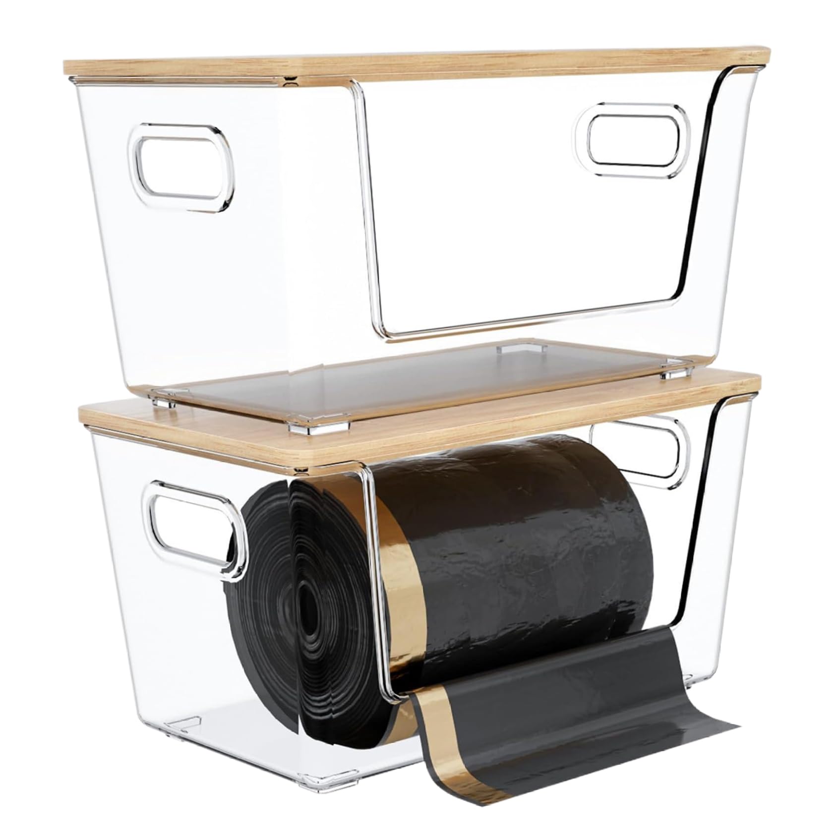 Dispensador de bolsas de basura, 2 unidades, apilables, de gran capacidad, con frente abierto, con tapas de bambú y asa para organización de cocina, lavandería