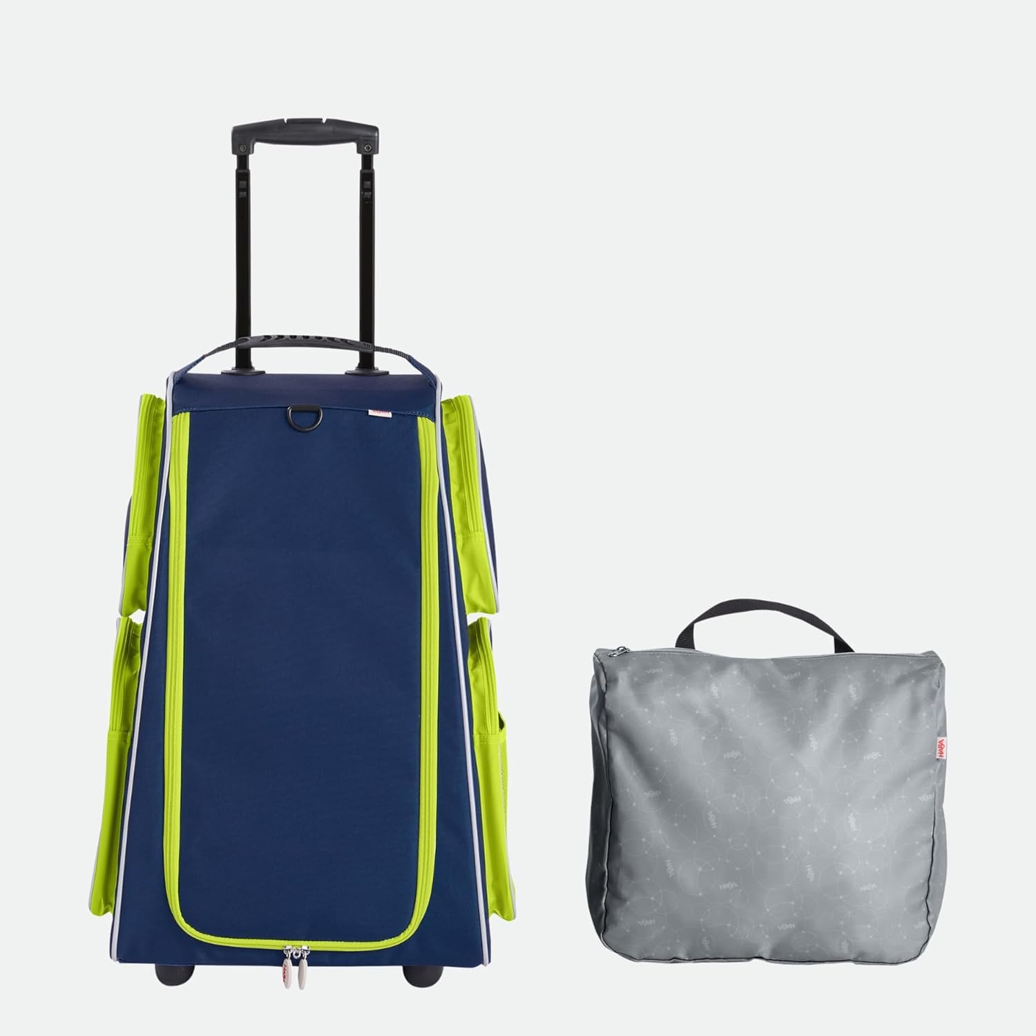 HABA Kinder-Schranktrolley Dunkelblau mit 2 Rollen – Kinderkoffer aus recyceltem Polyester mit Schmutzwäschebeutel, 3 herausnehmbaren Böden und 4 Reißverschluss-Außentaschen – 2012725001