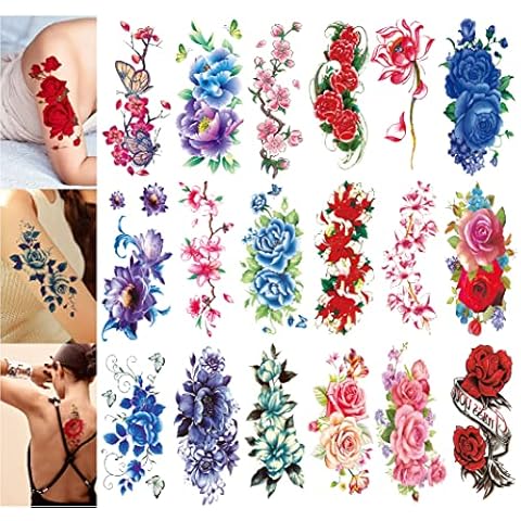 YAKAGO 21 Sheets Flower Temporary Tattoos For Women Rose Cherry Peony Peach Blossoms Fake Tattoo Body Art Adult Waterproof Stickers Cover