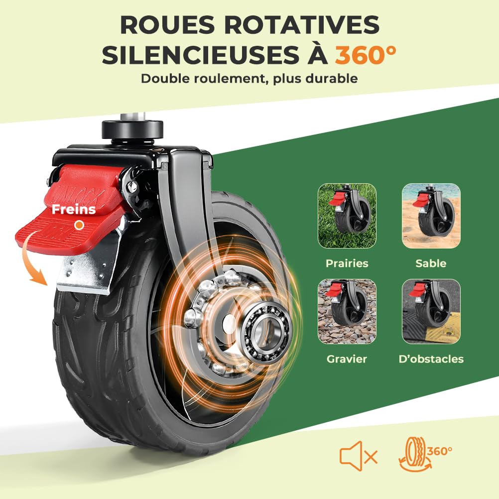 SLIDBEAT Chariot Tout-Terrain Pliable avec Double Frein - Chariot de Transport pour Jardin, Plage et Courses avec Poignée Réglable 0°-90°, Structure Démontable et Lavable en Machine, Capacité XL 150KG