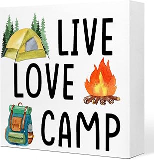 Funny Camping Wooden Sign Desk Decor,Rustic Camping Quote Wood Block Sign Plaque Desk Decorations for Home Campsite Trailer Camper RV Desk Shelf Table Decor (Live Love camp)