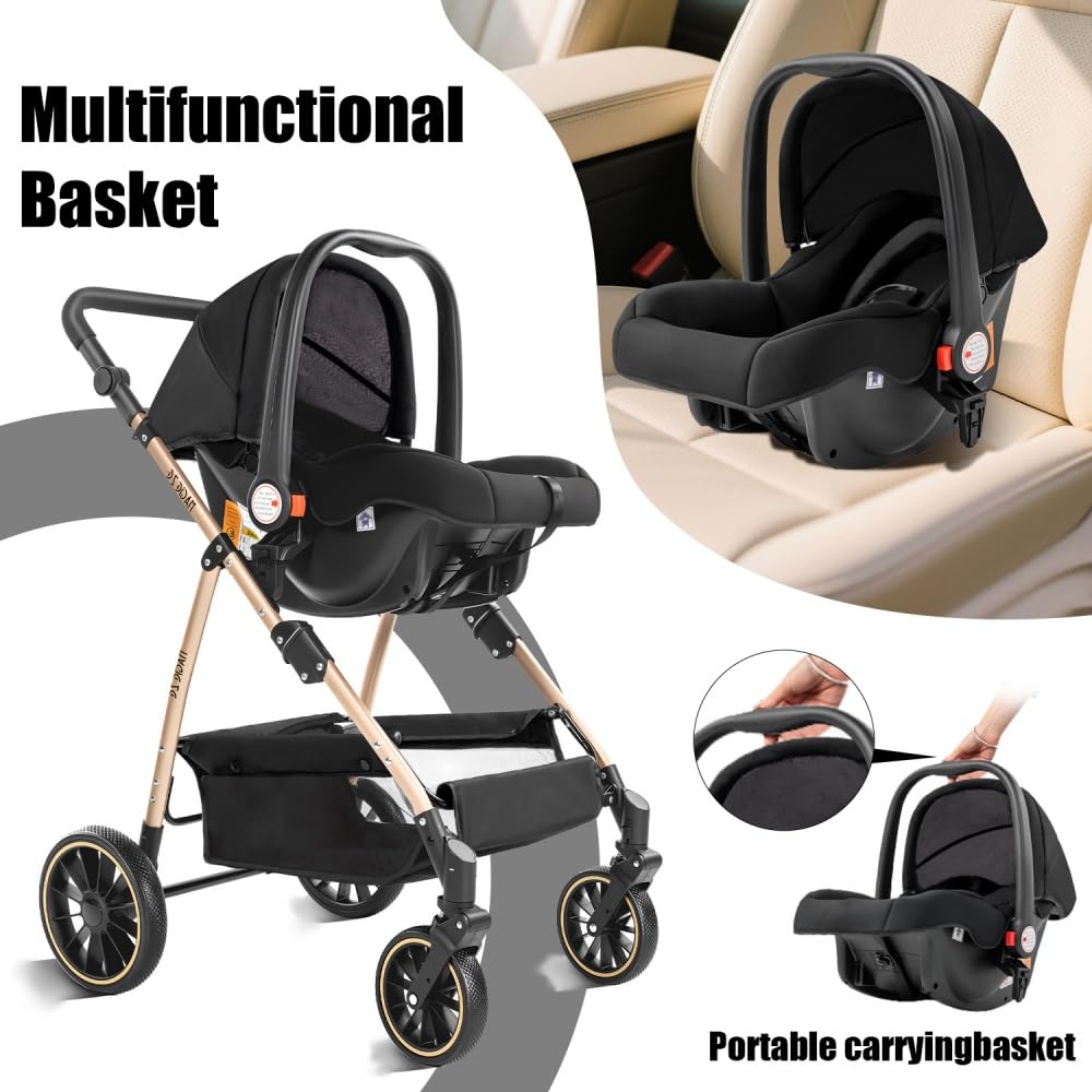 Kinderwagen 3 in 1 Premium System mit Autositz, UPF 50+ Sonnenschutz, Schwarz