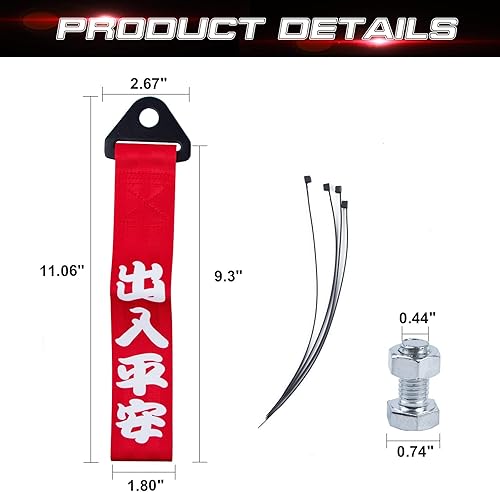 Miniatura 2 de Xotic Tech - 2 piezas de parachoques delantero rojo JDM Racing de nailon con correa de remolque con eslogan chino de acero + gancho de remolque de