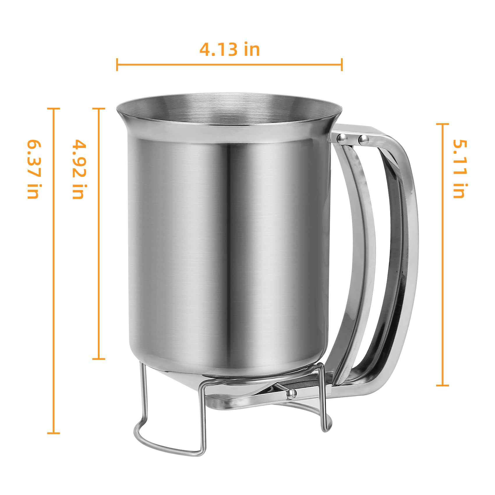Dispensador de masa de panqueques de acero inoxidable con asa, 32 onzas, 30.4 fl oz, dispensador de pasteles de gofres de alta resistencia con 12 tazas de silicona para hornear, jarra de 2