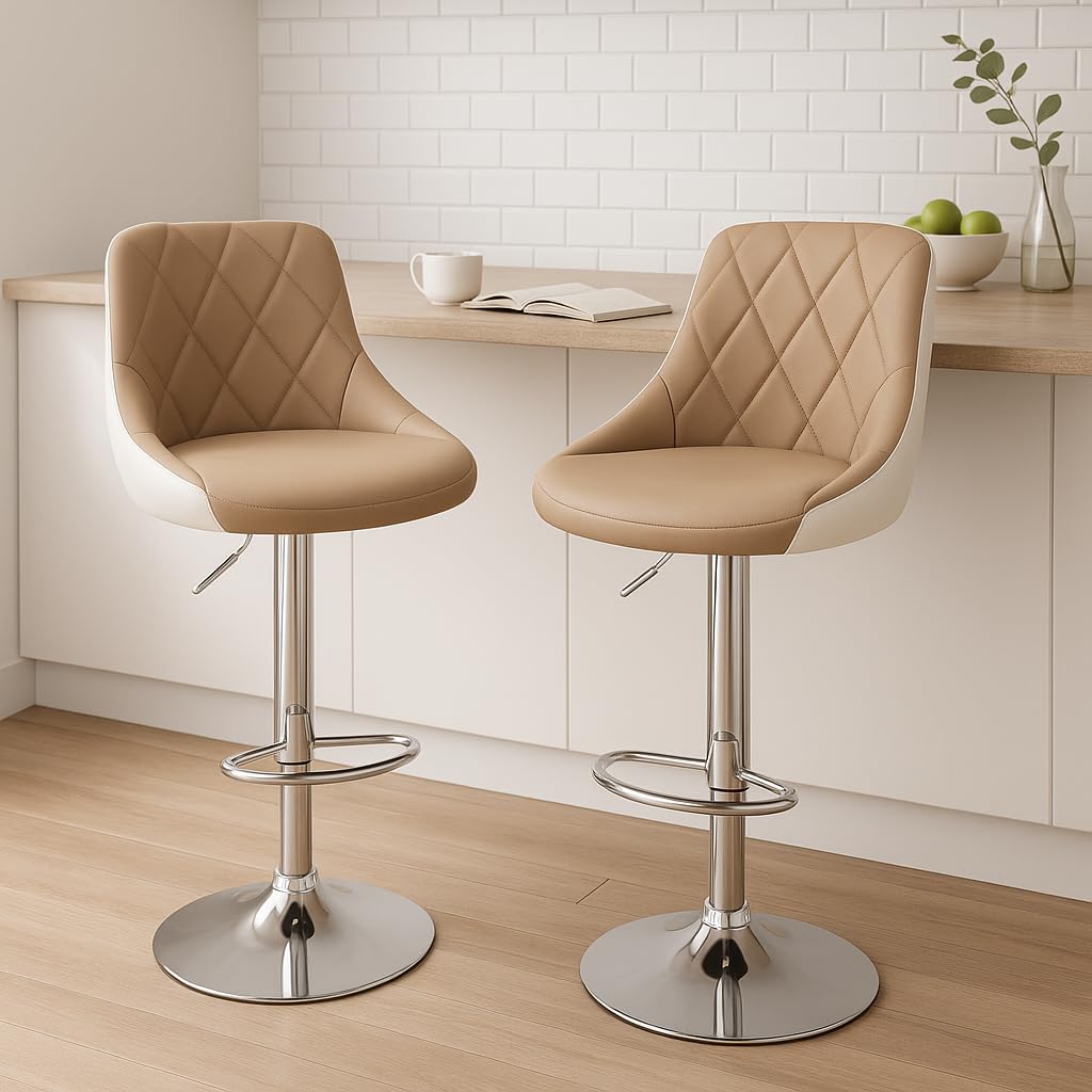 Oakcraft Modern Quilted Bar Stools, Set of 2, Beige Faux Leather, Adjustable Height, Chrome Base, Swivel Counter Chairs with Diamond Pattern-picture-29