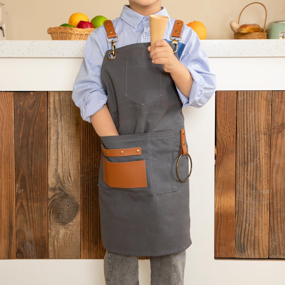 NEOVIVA Werkzeugschürze Lederschürze für Herren und Kinder, Tischlerschuerze, Arbeitsschürze, Schweißerschürze mit Taschen und Verstellbaren Gekreuzten Trägern, Strapazierfähiges Segeltuch