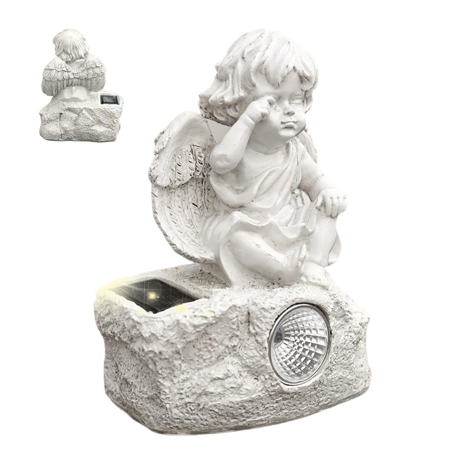 Statue d'ange solaire de jardin avec figurine lumineuse LED et base décorative