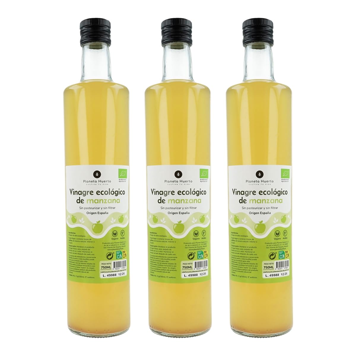 Planète potager | Lot de 3 vinaigre de pomme bio non filtré 750 ml – Vinaigre de pomme 100 % naturel, riche en enzymes et probiotiques pour améliorer la digestion et la santé générale