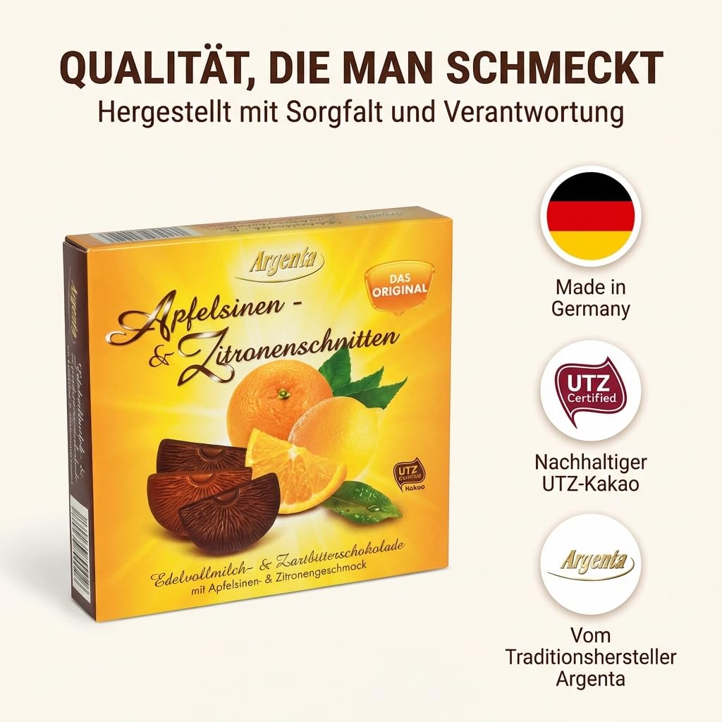 15x Argenta Apfelsinen- & Zitronenschnitten – Fruchtige Süßigkeit in Zartbitter- & Vollmilch-Schokolade – Gefüllte Schokoschnitten mit UTZ-zertifiziertem Kakao
