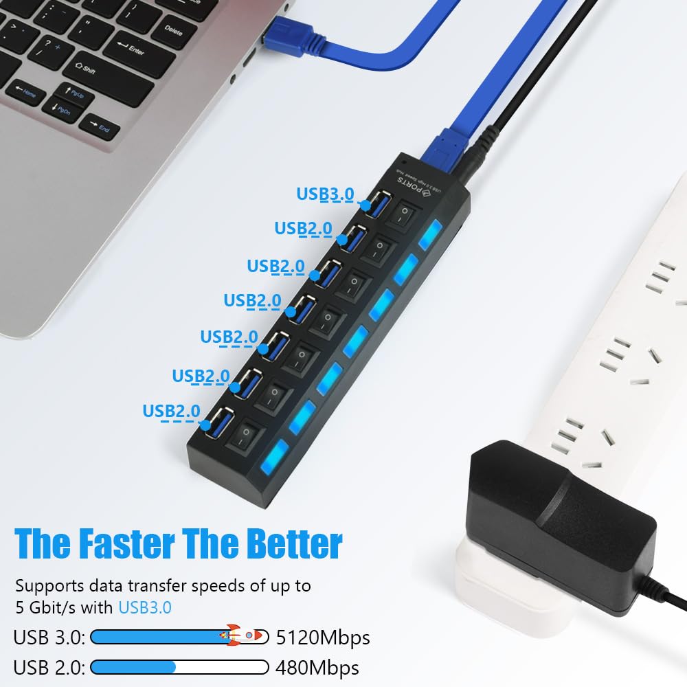 OFFCUP Hub USB 7 portów z zasilaczem, rozdzielaczem USB, aktywnym hubem USB 3.0+2.0 z indywidualnymi przełącznikami i wyświetlaczem LED, plug & play, do laptopów, komputerów MacBook i innych urzą