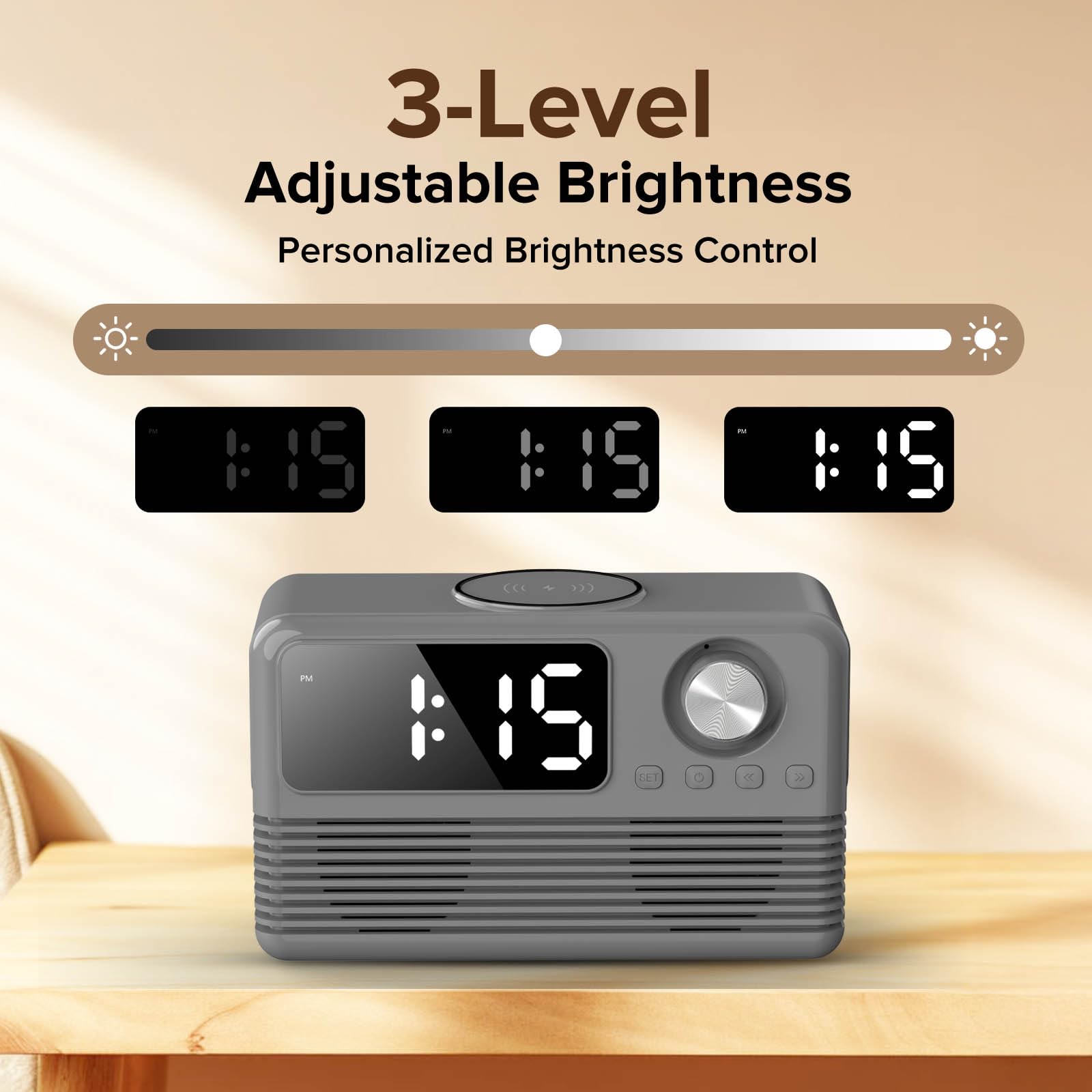 Chargeur sans fil rapide 15 W avec haut-parleur Bluetooth et radio réveil, station de charge sans fil 4 en 1 pour iPhone, téléphones Android avec radio FM pour chambre