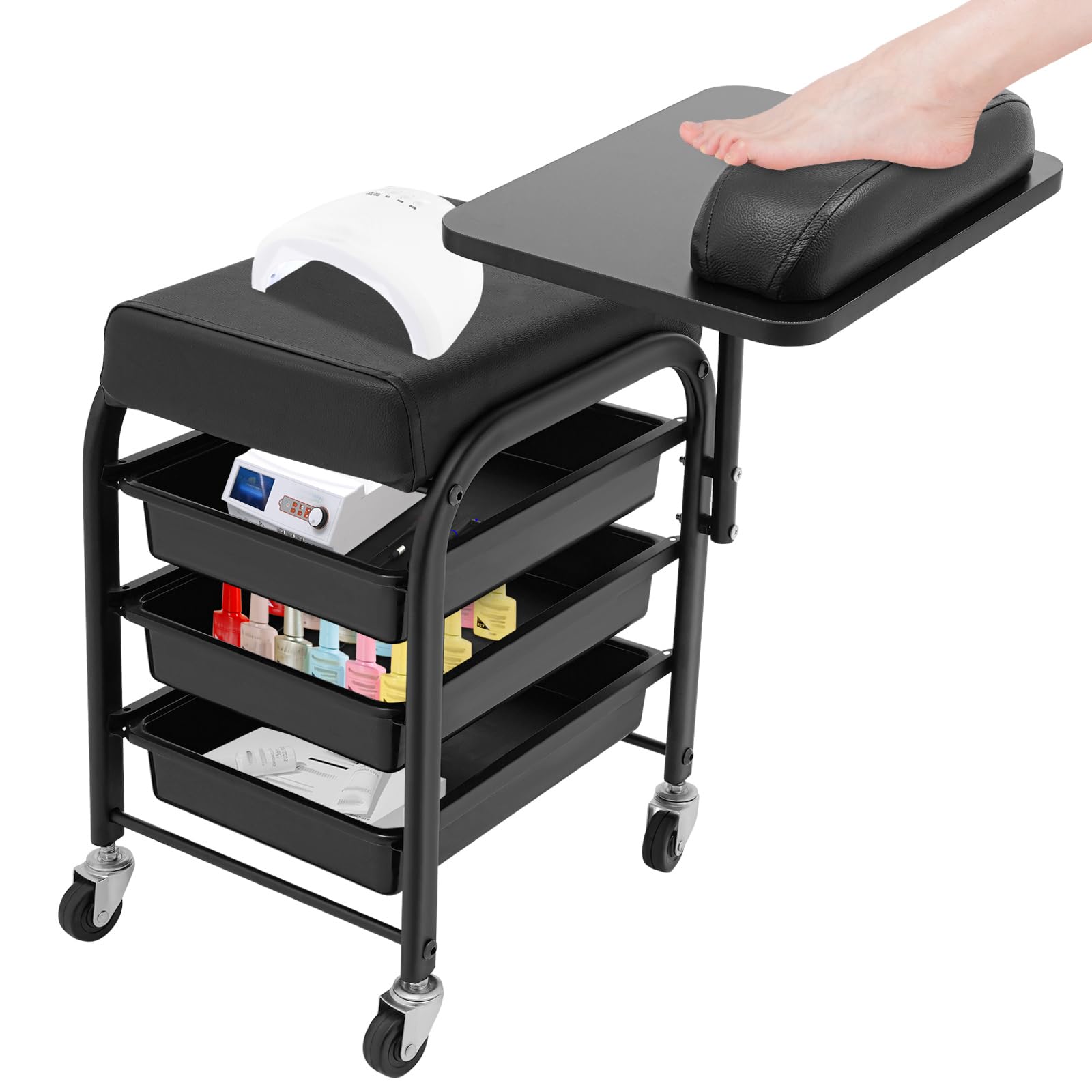 Chariot de spa portable pour bain de pieds avec 3 tiroirs, 4 roues universelles et plateau rotatif