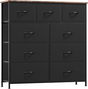 Somdot Dresser for Bedroom with 9 Drawers,Chest of Drawers with Wooden Top,Tall Fabric Bedroom Dresser with Storage Drawers for Living Room,Closet,Entryway,Black Rustic Brown