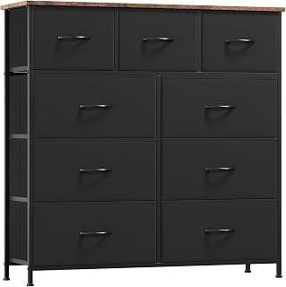 Somdot Dresser for Bedroom with 9 Drawers,Chest of Drawers with Wooden Top,Tall Fabric Bedroom Dresser with Storage Drawers for Living Room,Closet,Entryway,Black Rustic Brown